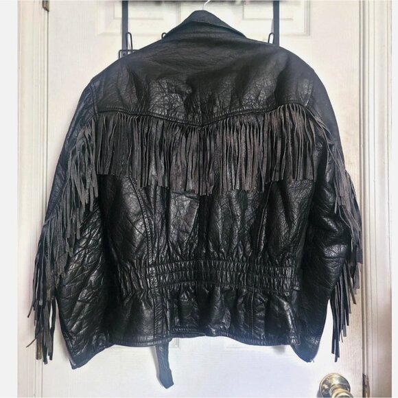 VTG Women’s Black Fringed Leather Heavy Biker Motorcycle Jacket Size S Hudson - Picture 4 of 14